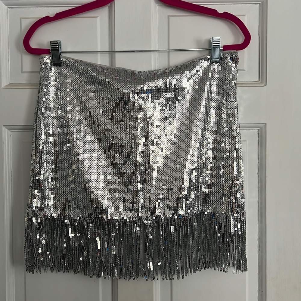 H&M Silver Sequin Fringe Mini Skirt